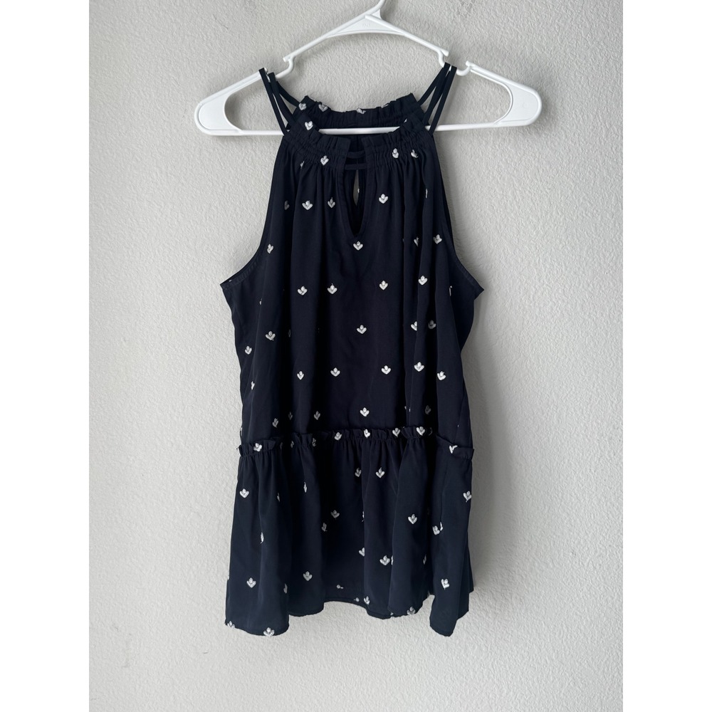 LOFT Navy Blue Embroidered Floral Halter Peplum Top Large Smocked Neck Blouse